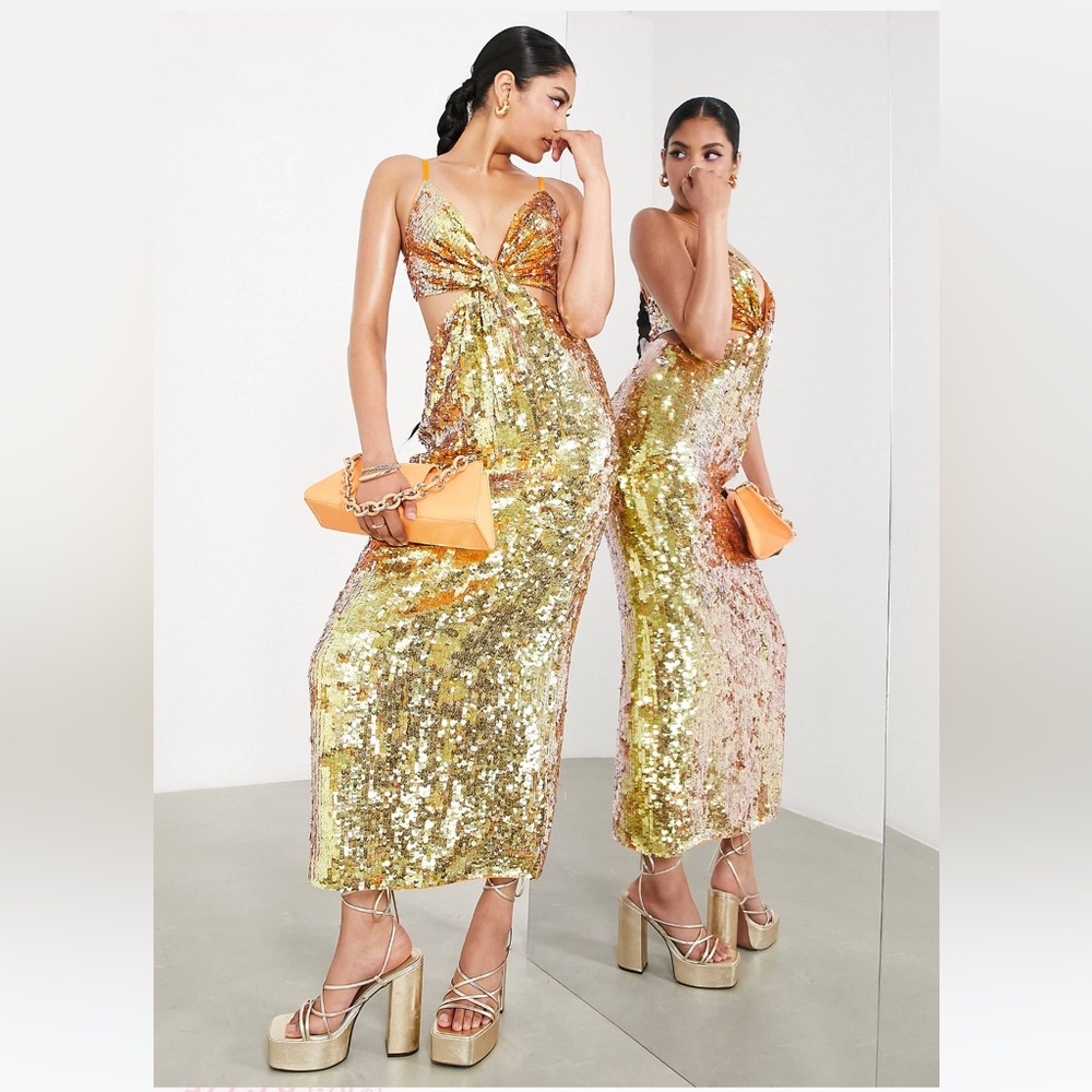 ASOS EDITION knot front sequin cami midi dress with cutouts in orange